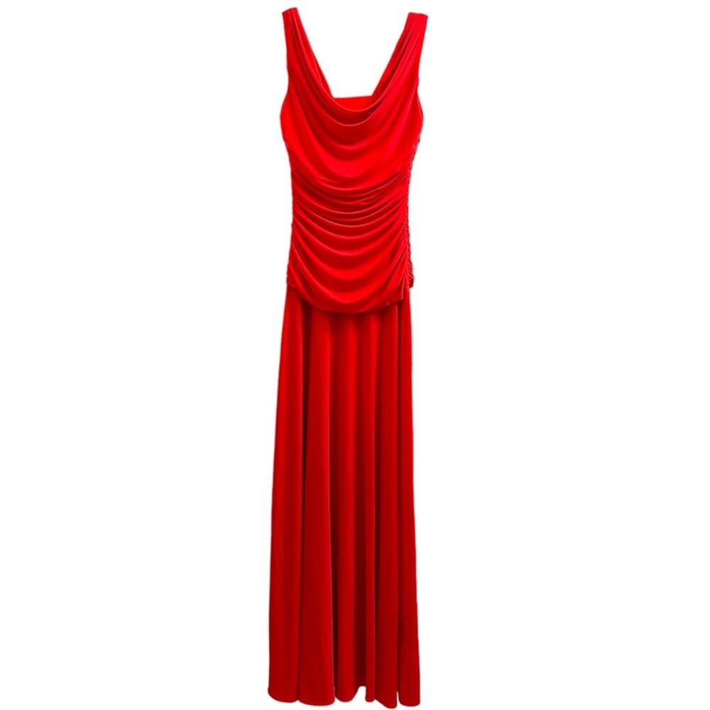 Vintage Y2K Night Way Bright Coral Gathered Stretch Cowl Neck Formal Maxi Dress!